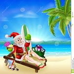 christmas-santa-tropical-beach-scene-illustration-summer-relaxing-under-coconut-tree-surf-board-gift-sack-34386039